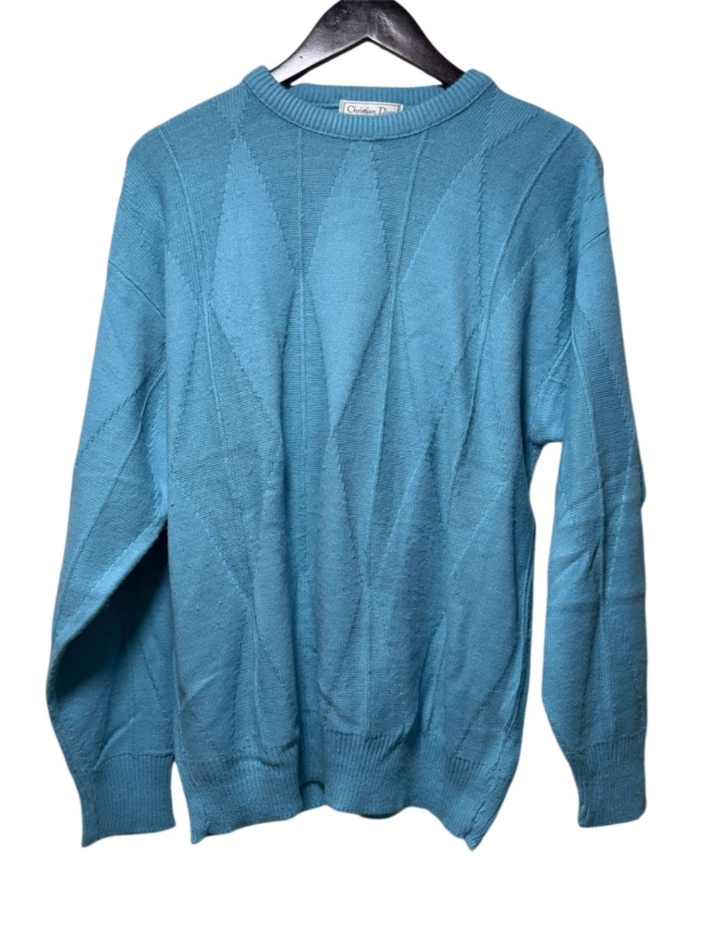Vintage 80s Christian Dior Knit Sweater Size M Argyle Knit USA Made Tiffany Blue